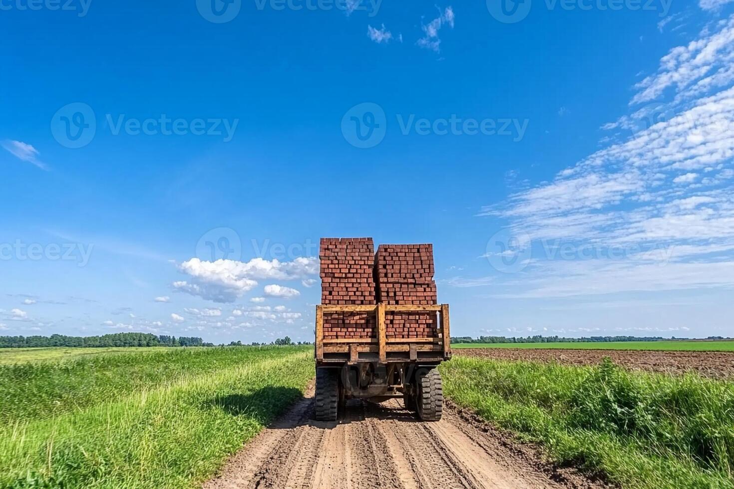 A truck carrying bricks on a dirt road photo