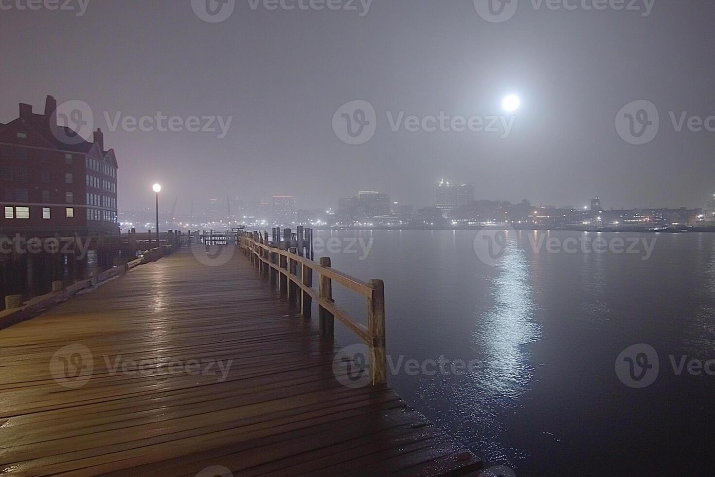 A pier with a moonlight over it at night photo
