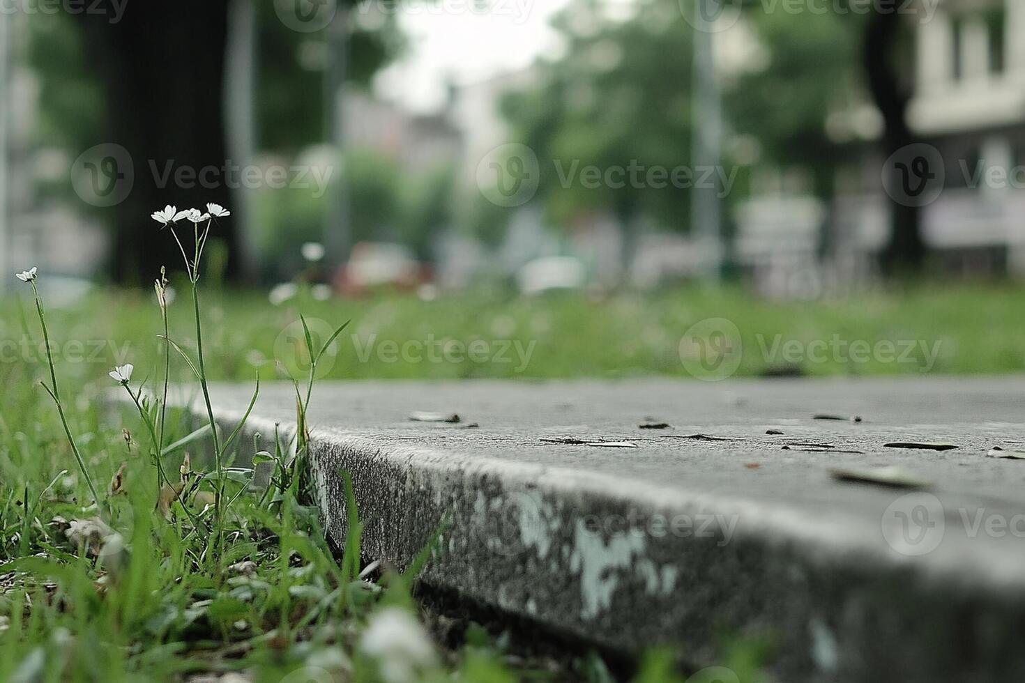 A small white flower is growing on the grass photo