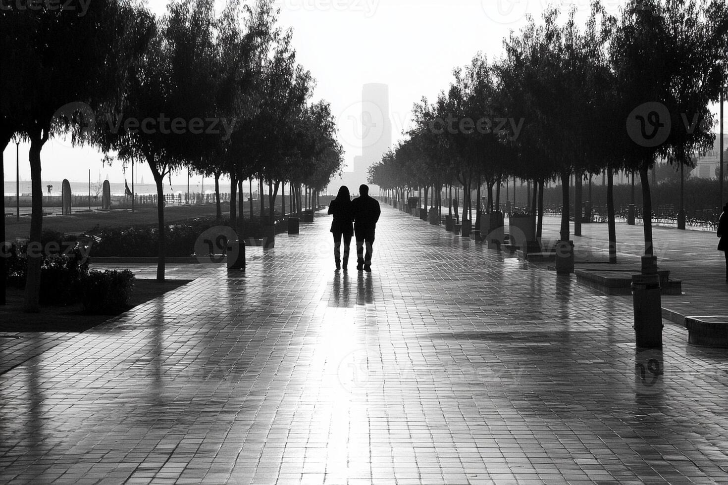 A couple walking down a walkway in the rain photo