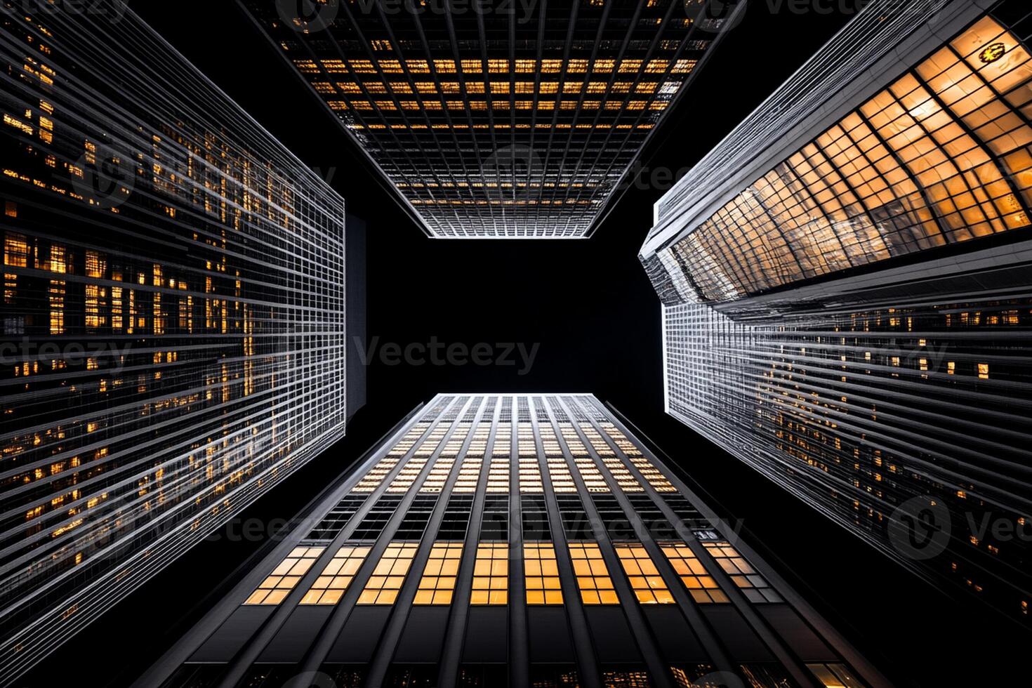 A view of tall buildings at night with lights on photo