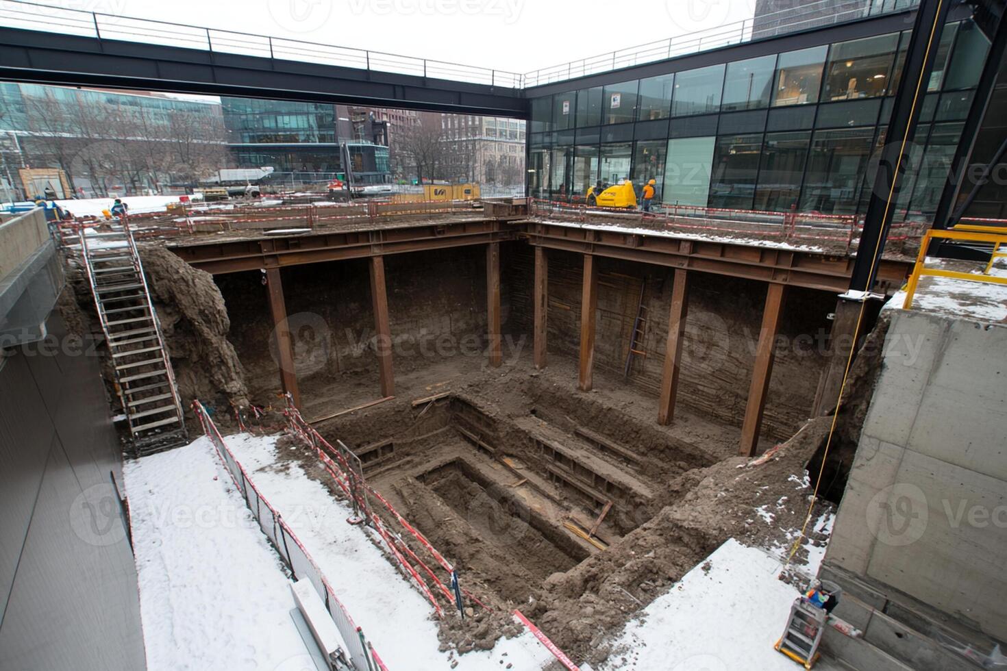 A large hole in the ground with a ladder photo
