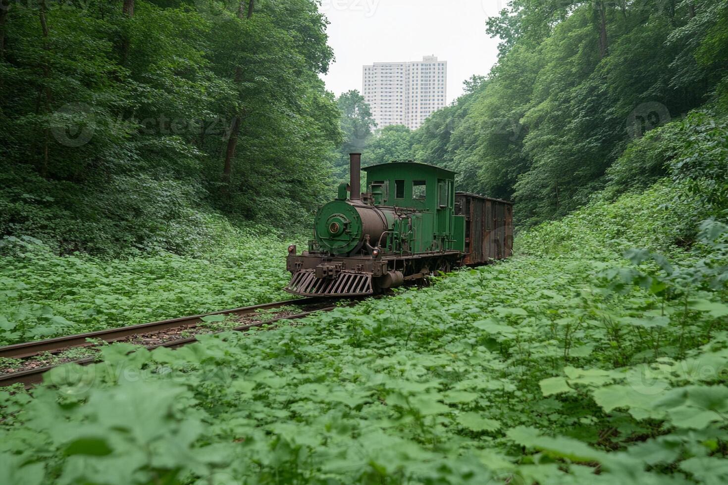 A train is traveling through a lush green forest photo