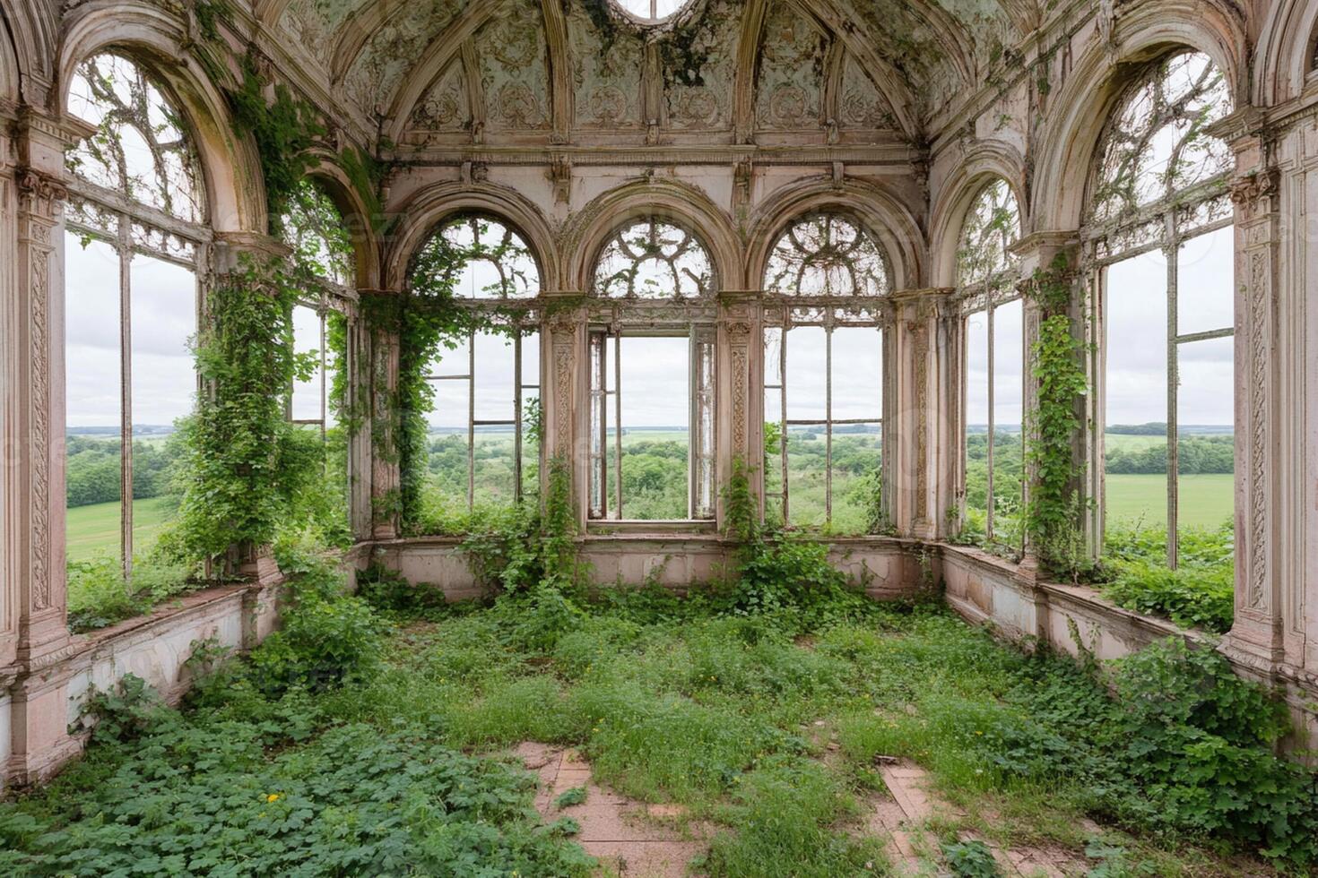 The abandoned building is filled with windows and plants photo