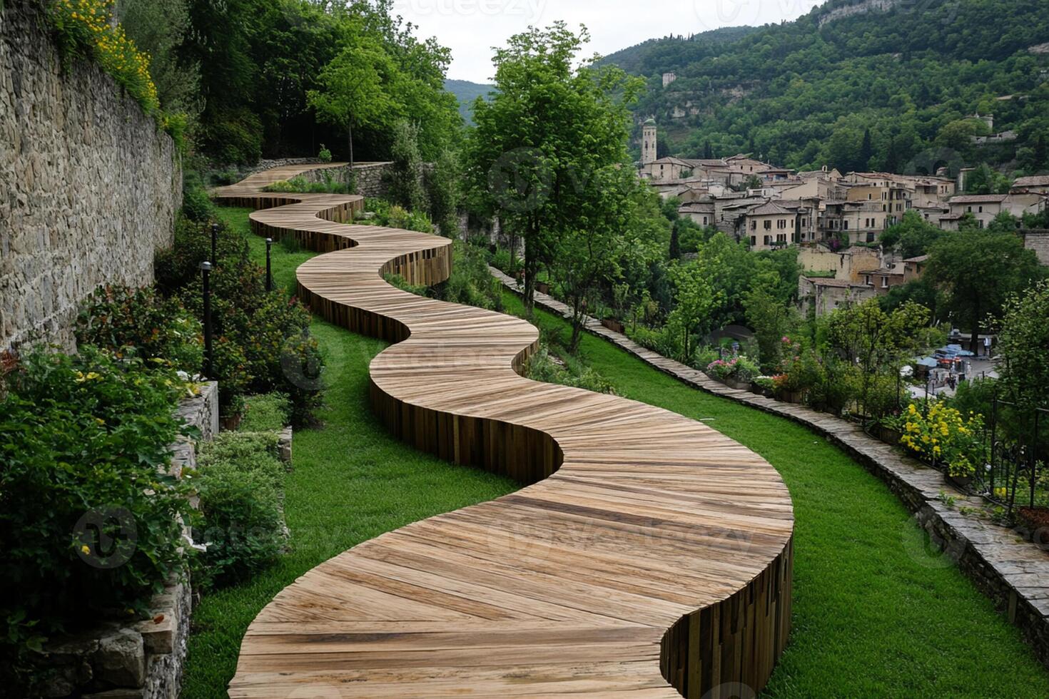 A wooden walkway that leads to a hillside photo