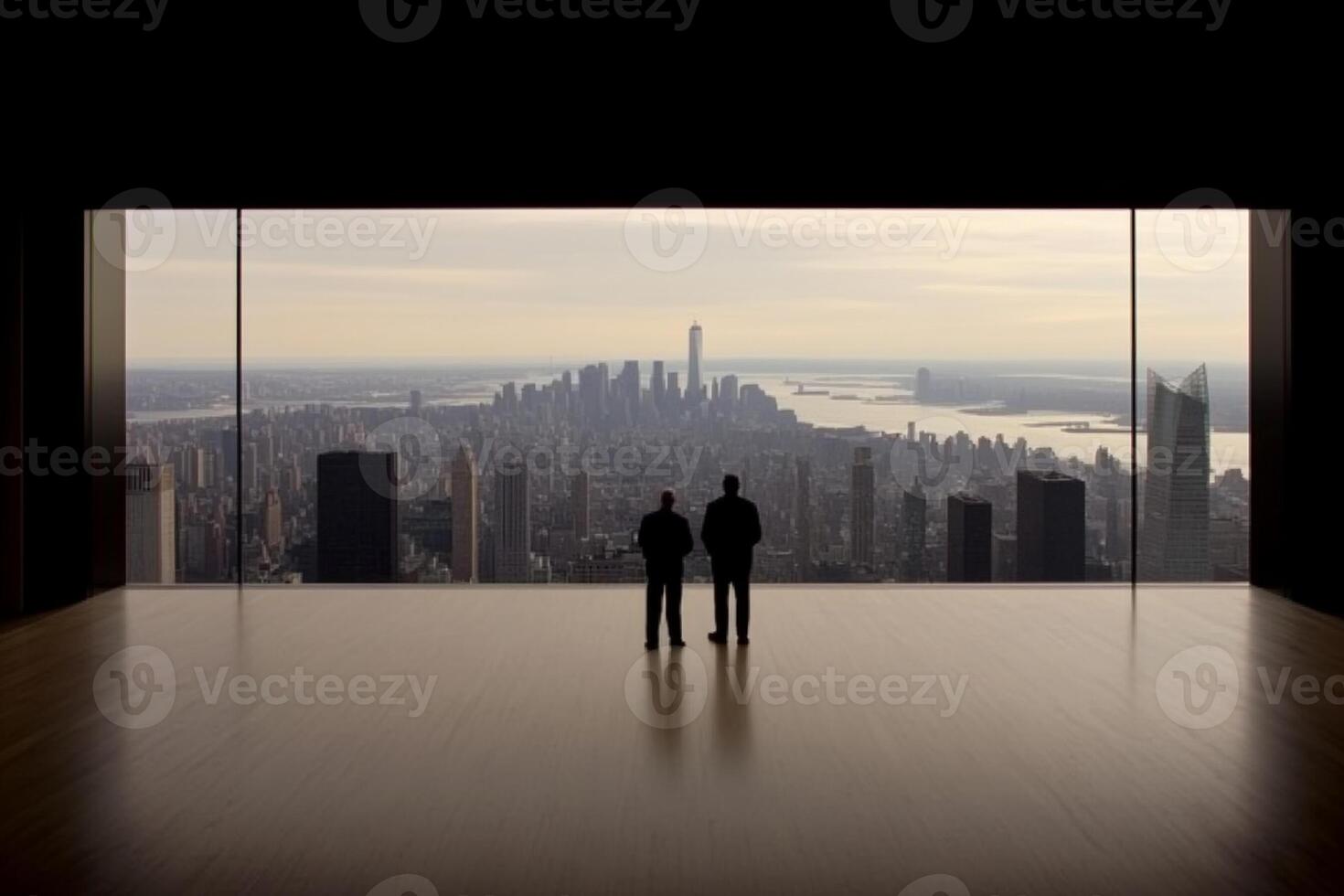 Two people stand in front of a large window looking out over a city photo