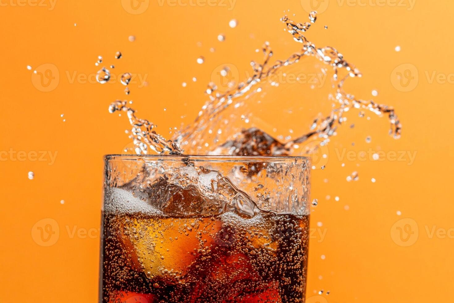 A glass of cola with ice and water splashing photo