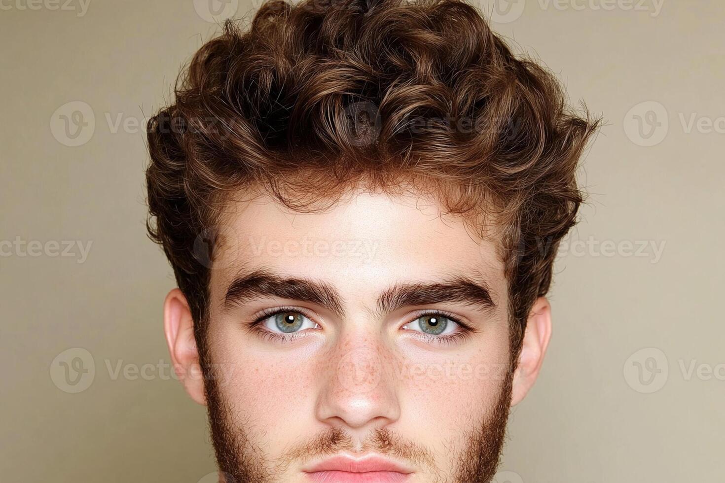 A young man with curly hair and green eyes photo