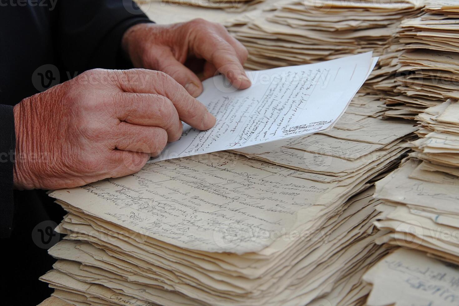 A man is holding a piece of paper in front of a pile of old documents photo