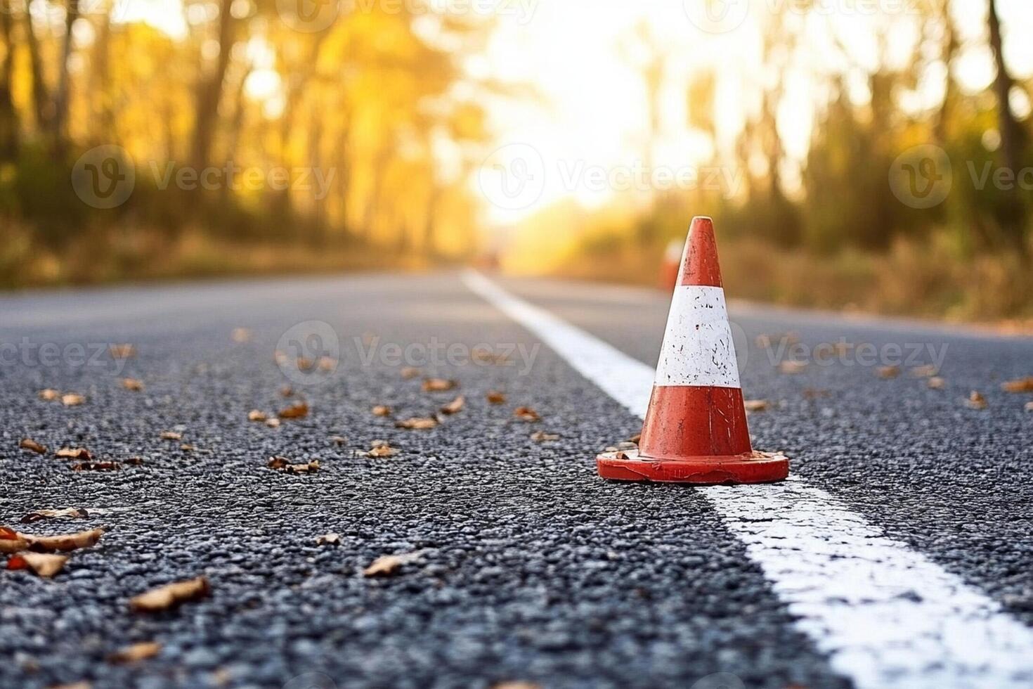 A traffic cone is sitting on the side of a road photo