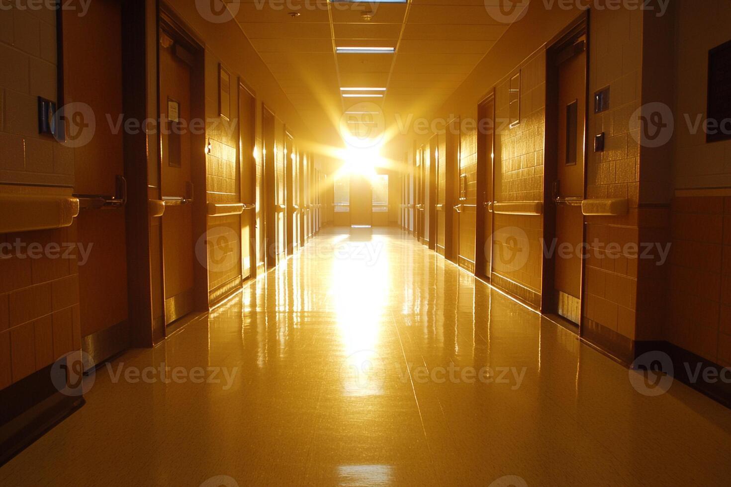 A long hallway with a light shining through the door photo