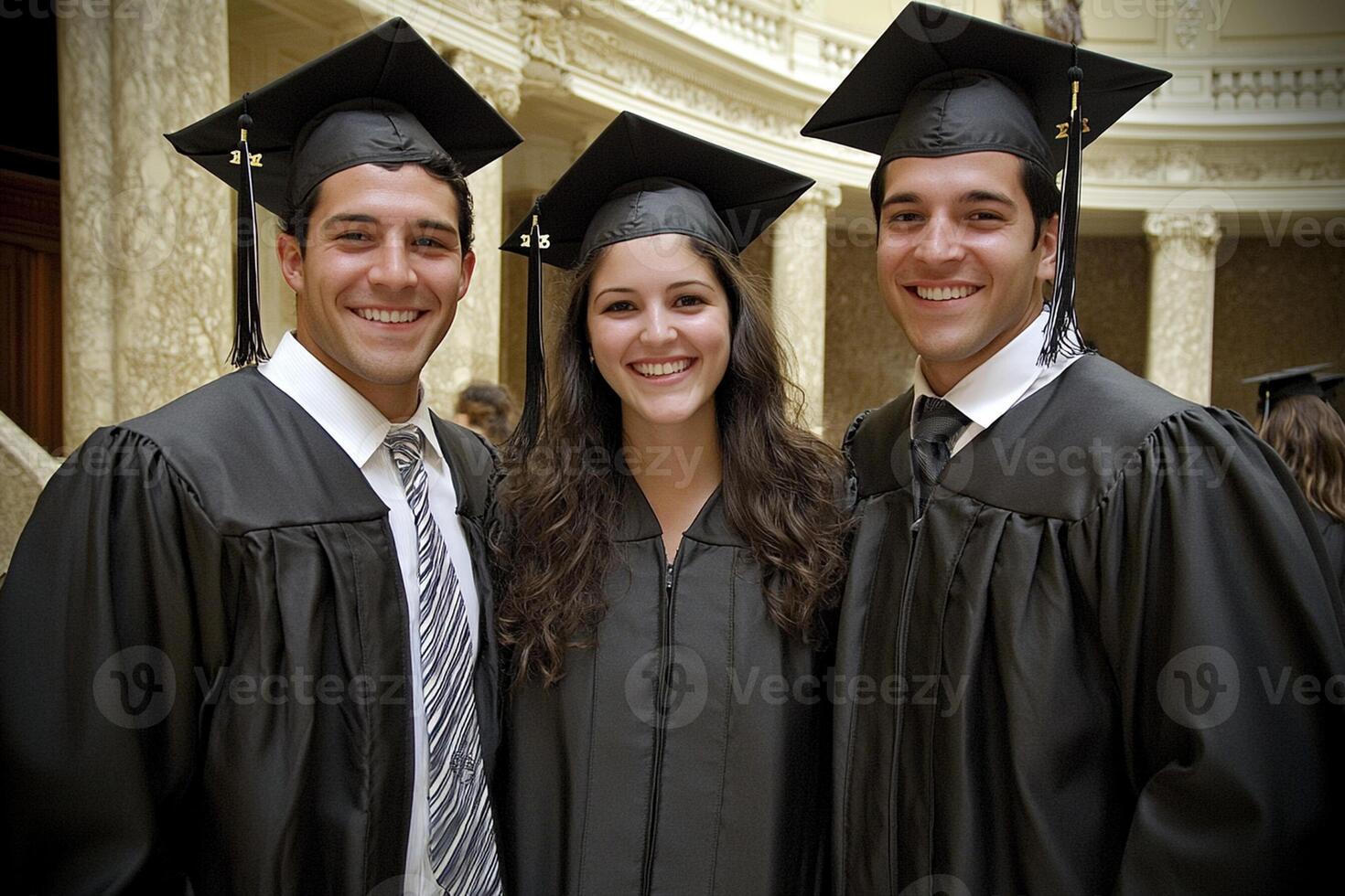 Three graduates pose for a photo in their graduation gowns
