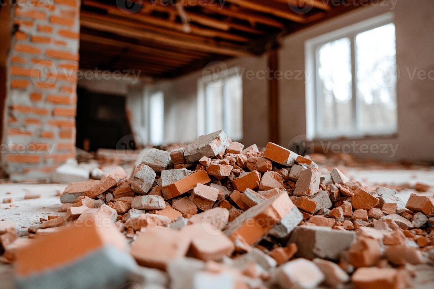 A pile of bricks in an unfinished room photo