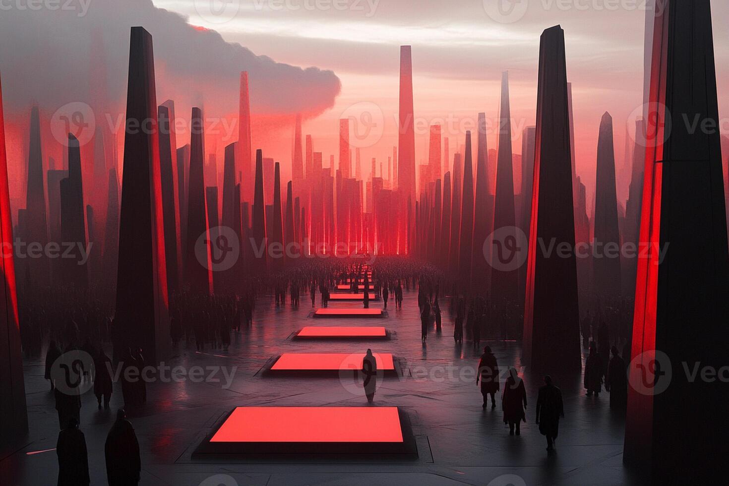 A red light is shining on a city street photo