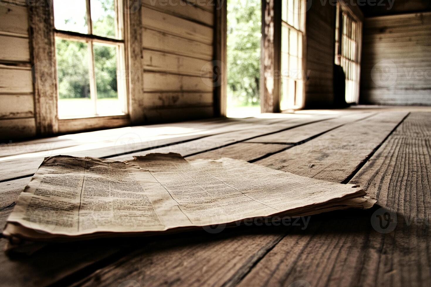 Old newspaper on wooden floor in an old house photo