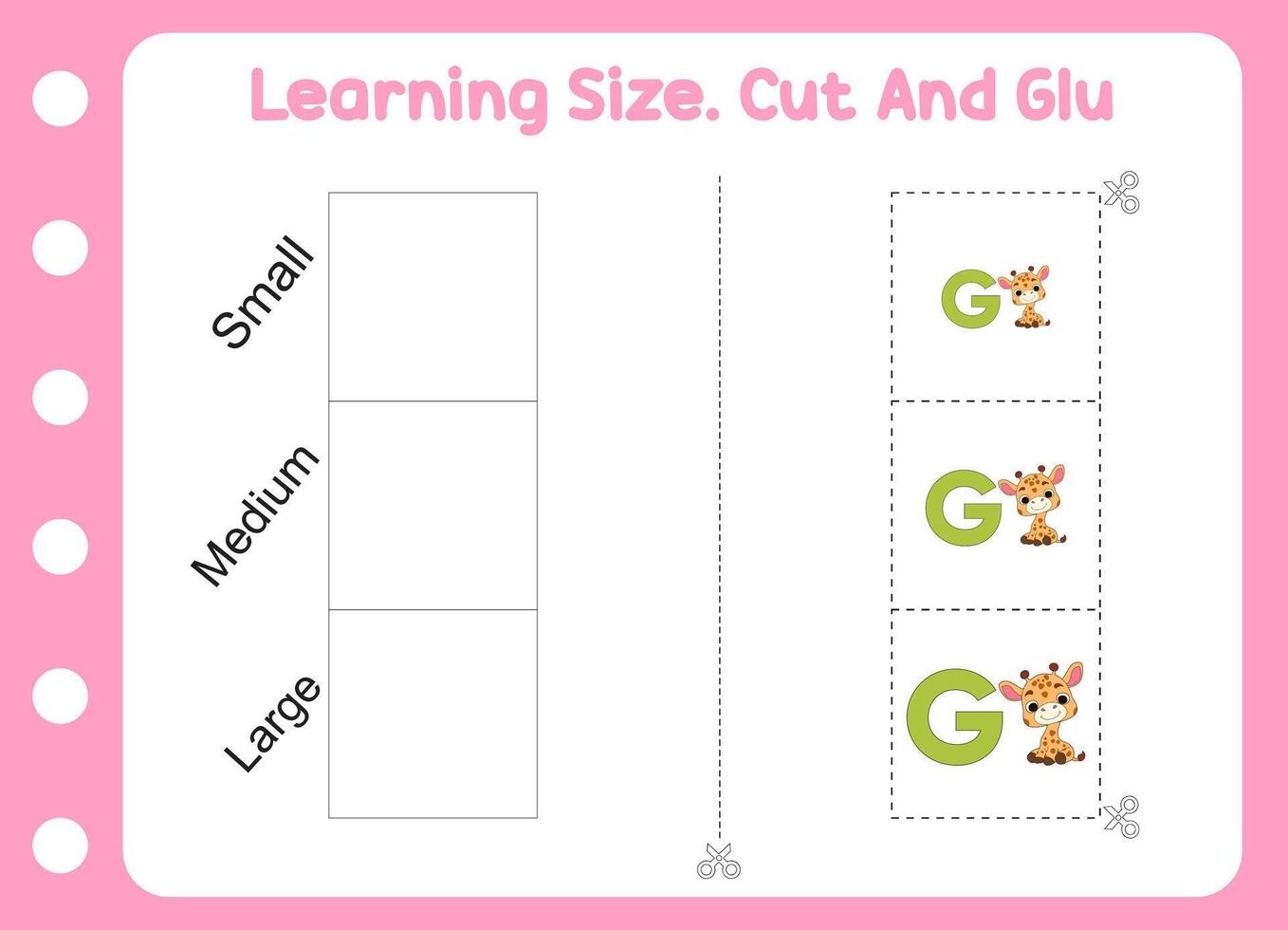 learning size , cut and glue giraffe. kids education and learning vector