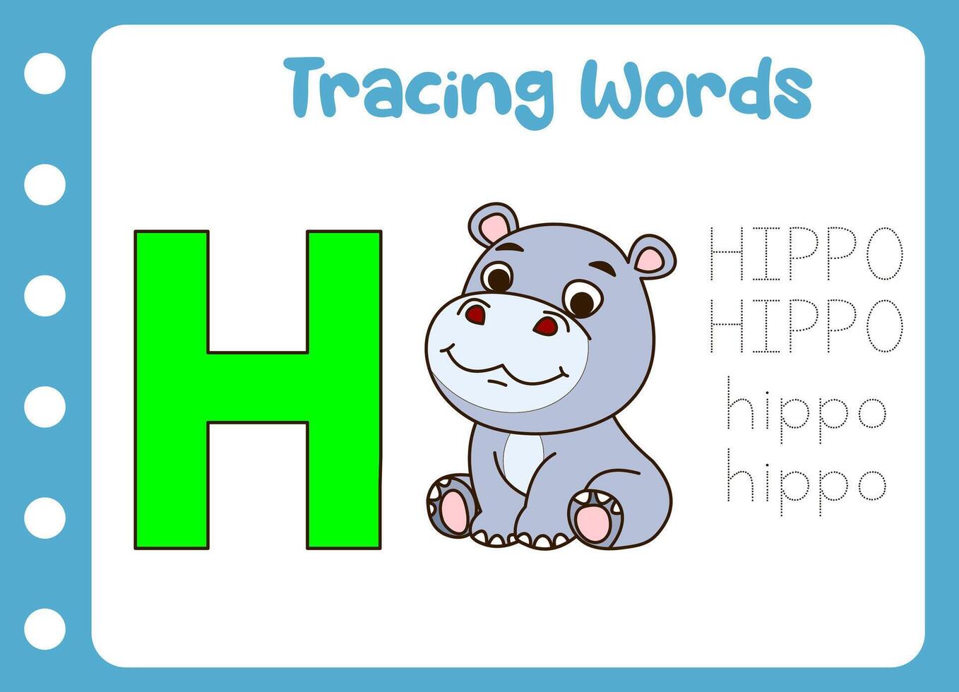 trace the word of cute hippo. animal education game vector