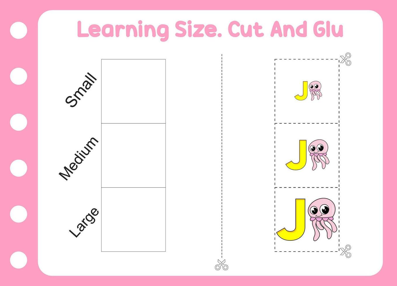 learning size , cut and glue jellyfish. kids education and learning vector