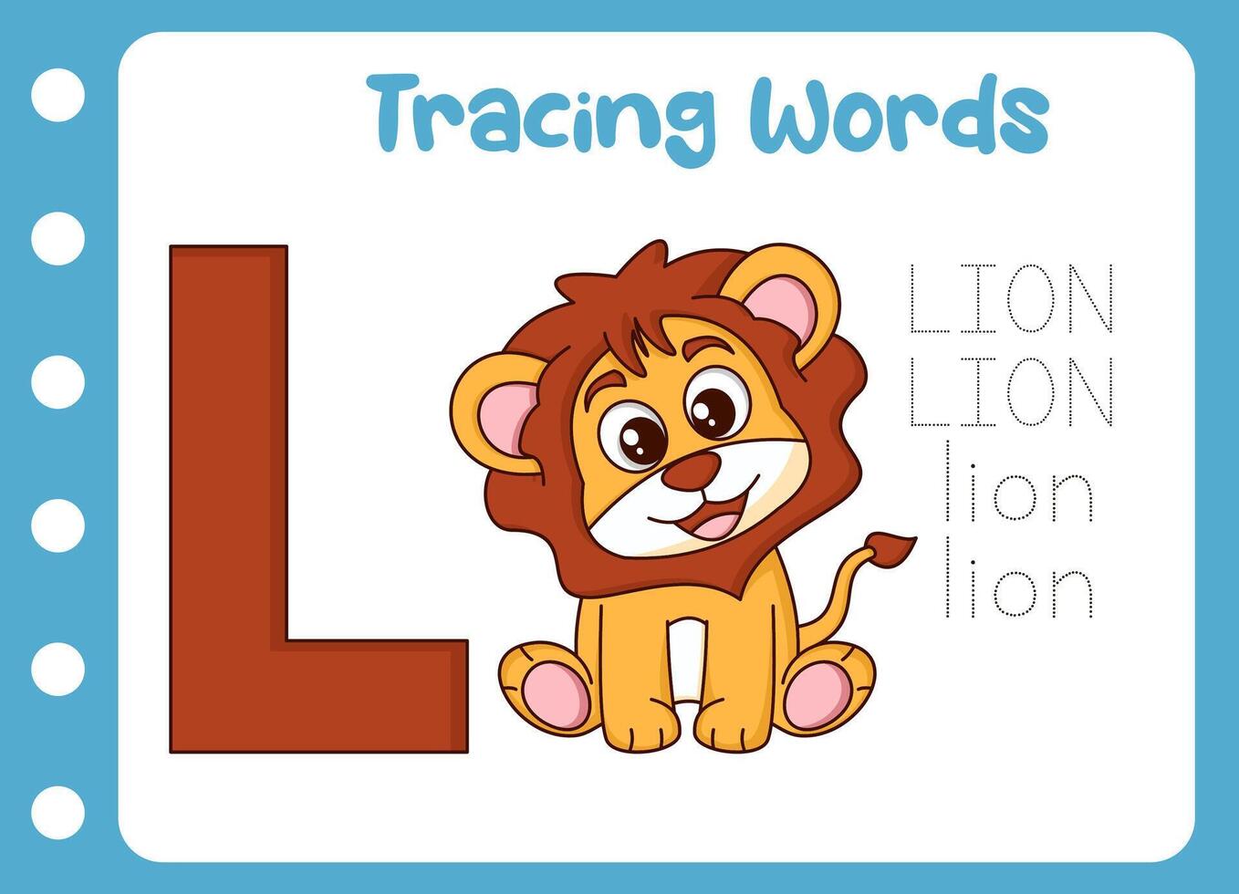 trace the word of cute lion. animal education game vector