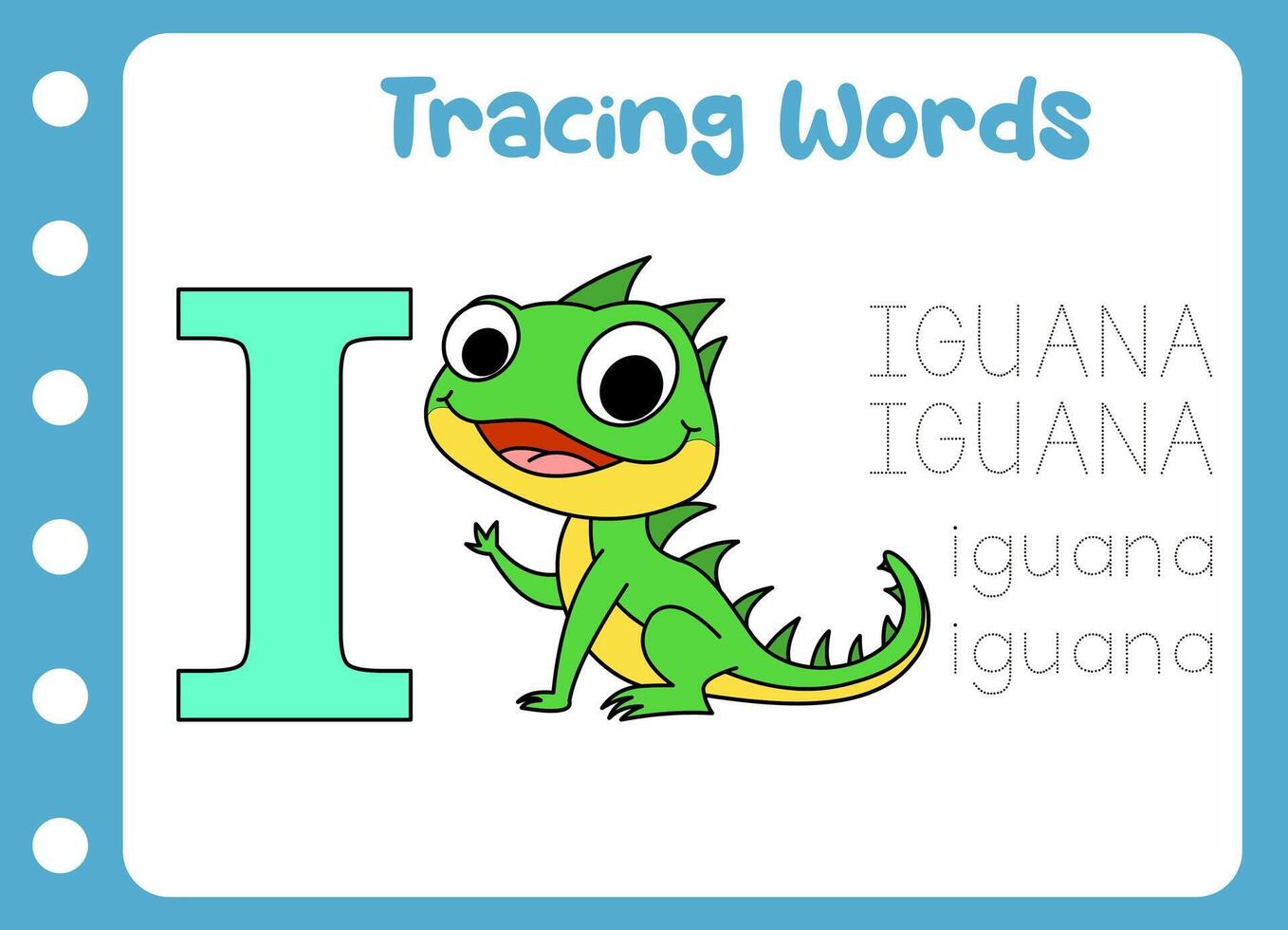 trace the word of cute iguana. animal education game vector