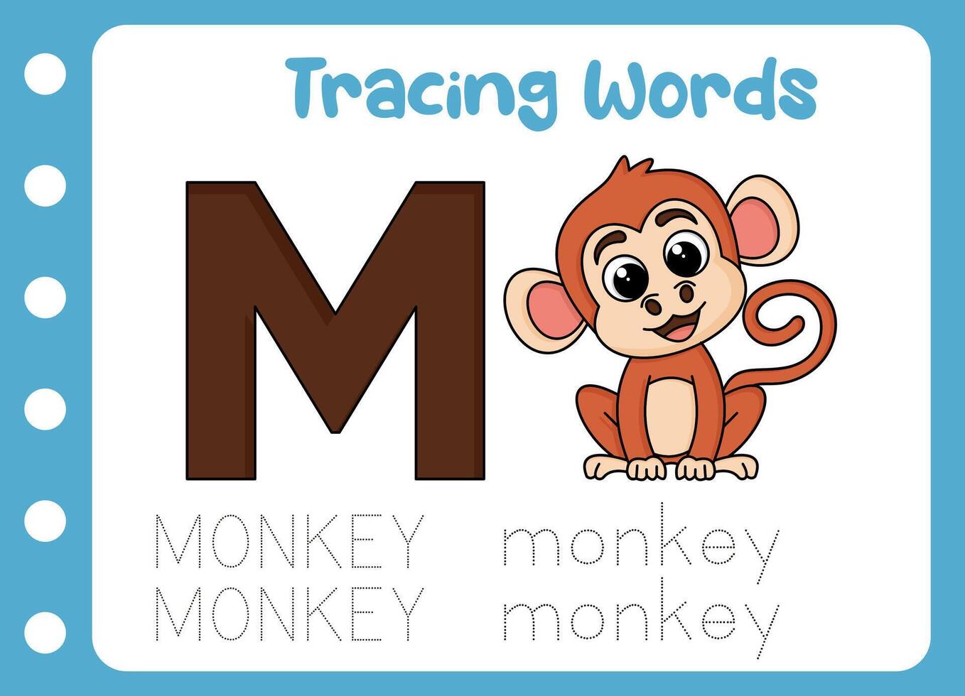 trace the word of cute monkey . animal education game vector