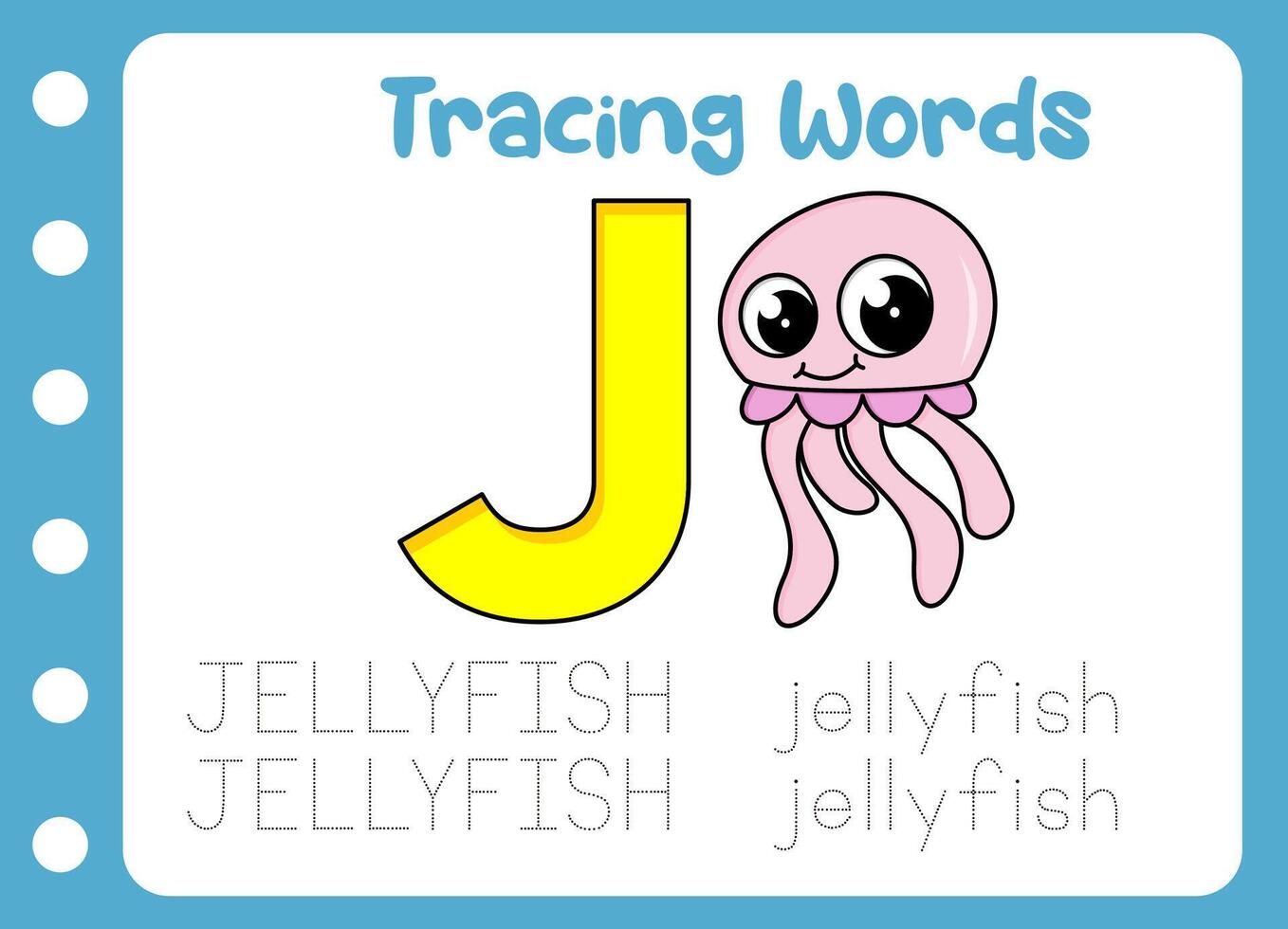 trace the word of cute jellyfish. animal education game vector