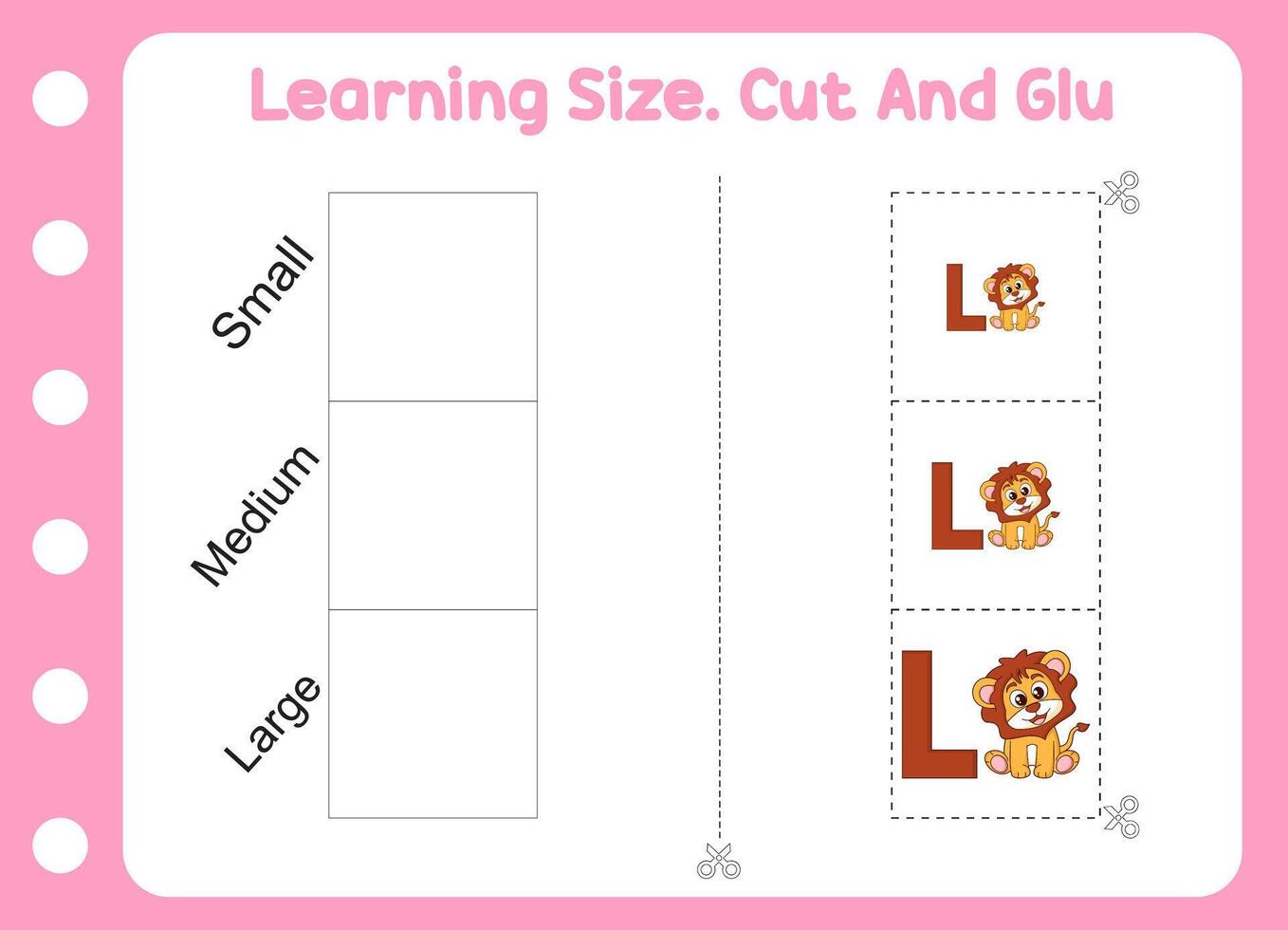 learning size , cut and glue cute lion. kids education and learning vector