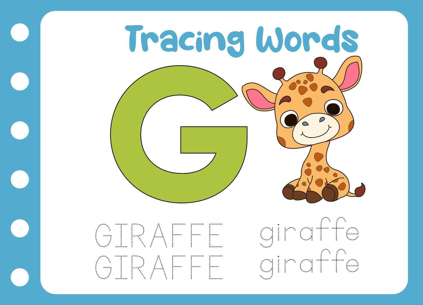 trace the word of cute giraffe. animal education game vector
