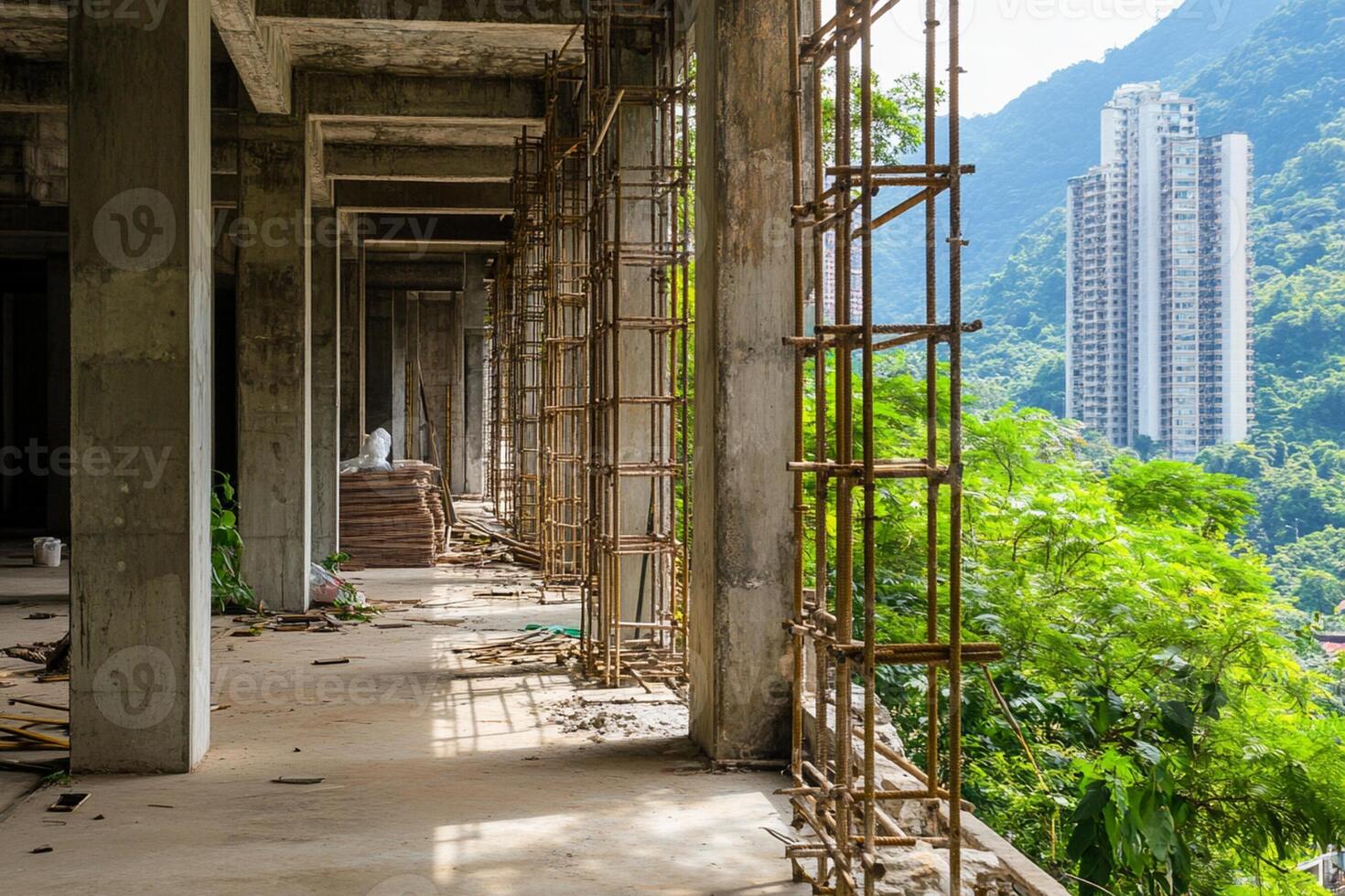 A view of a construction site with a view of the mountains photo