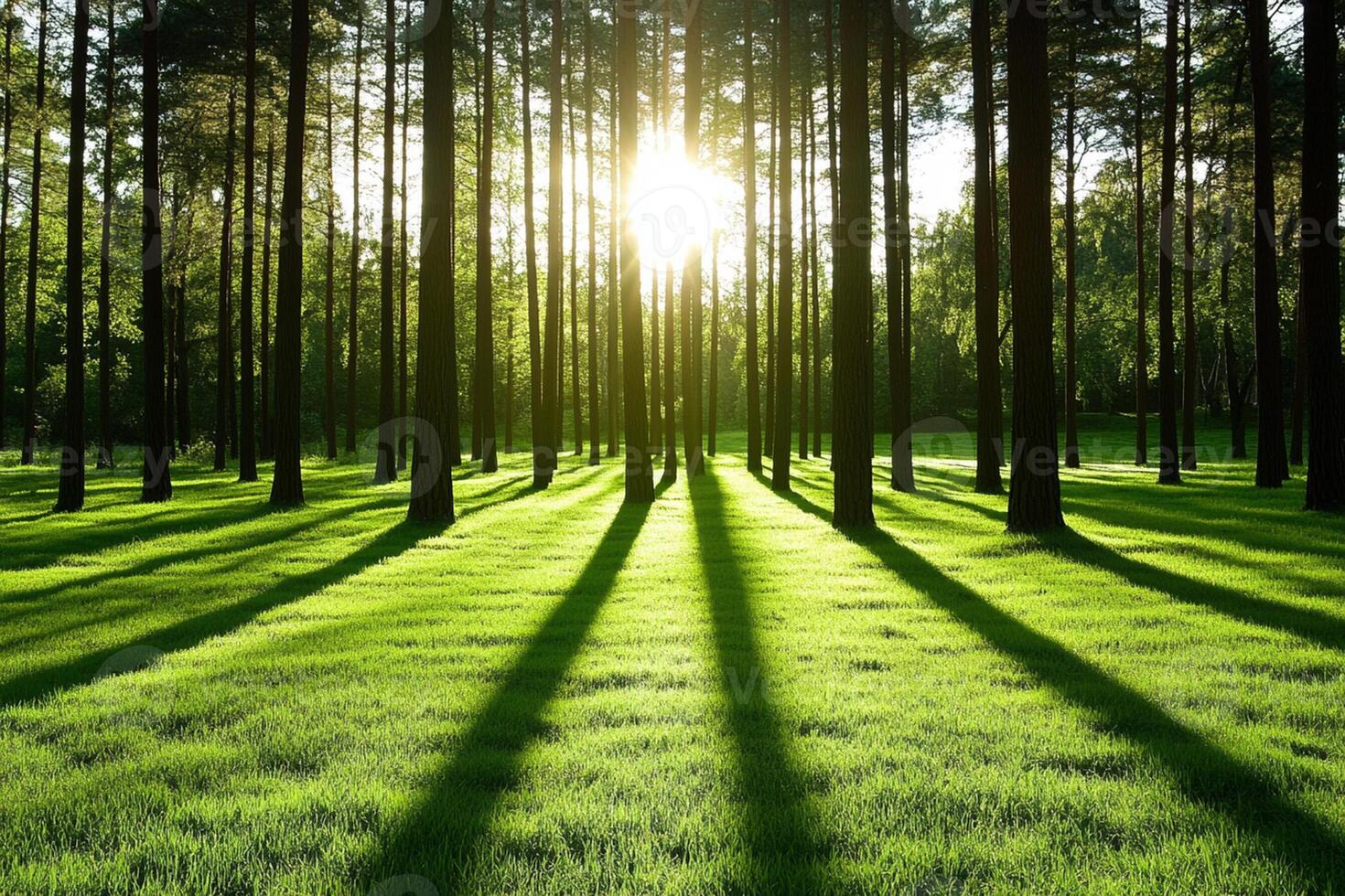 Sunlight shining through the trees in a green forest photo