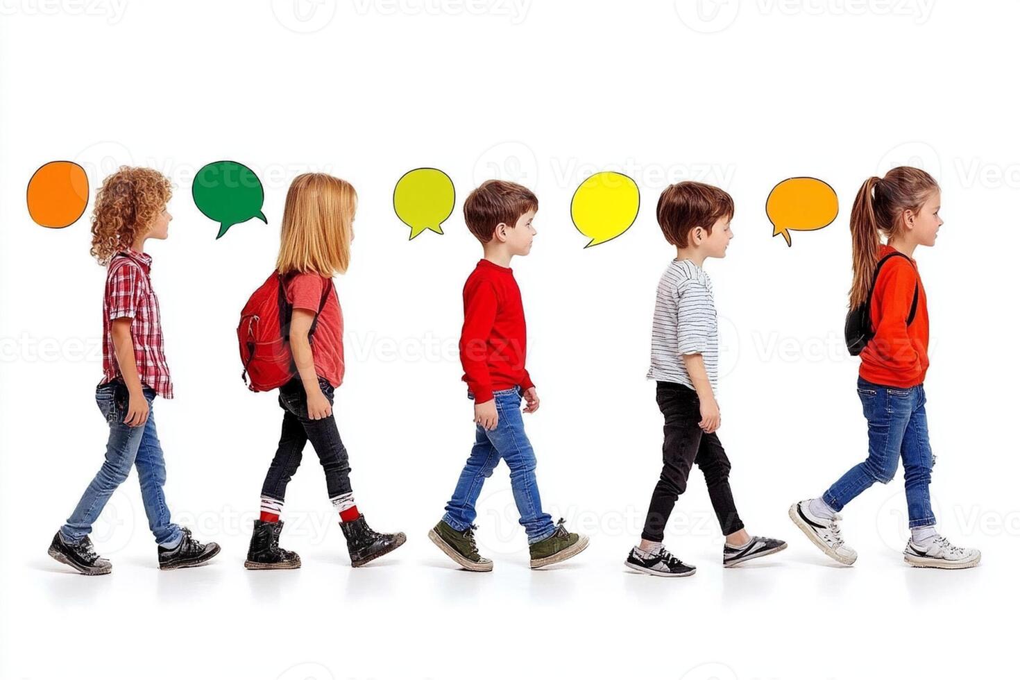 A group of children walking with speech bubbles photo