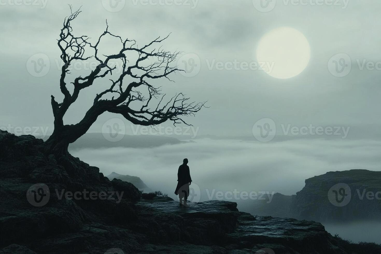A man stands in front of a tree on a mountain photo