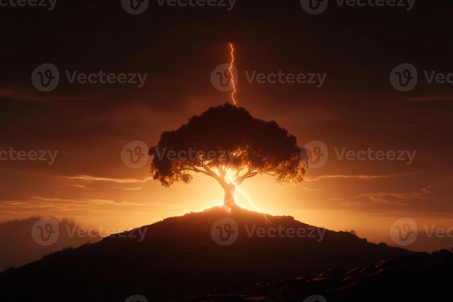 A tree on top of a hill with a lightning bolt coming out of it photo