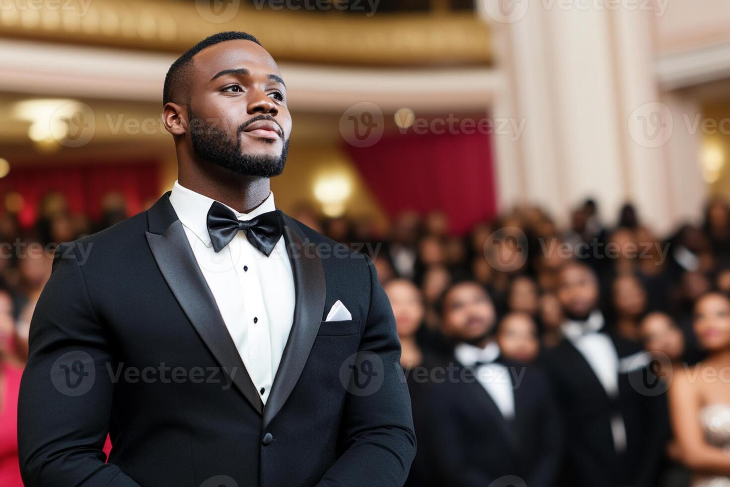 A man in a tuxedo standing in front of a crowd photo