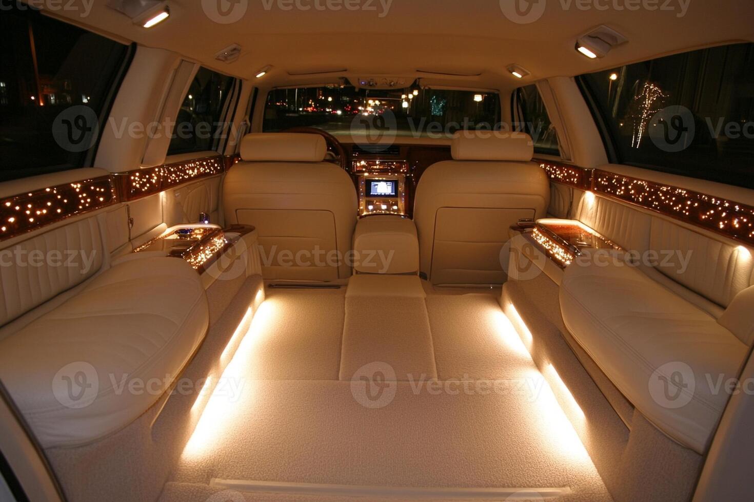 The interior of a limo with lights on photo