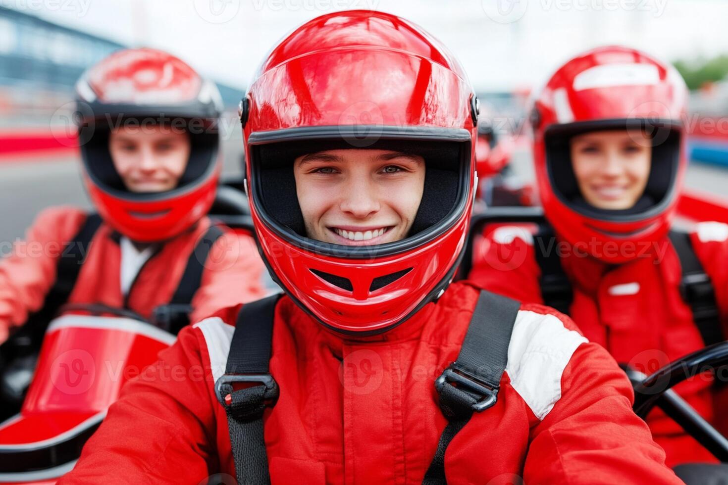 Three people in red racing suits and helmets photo