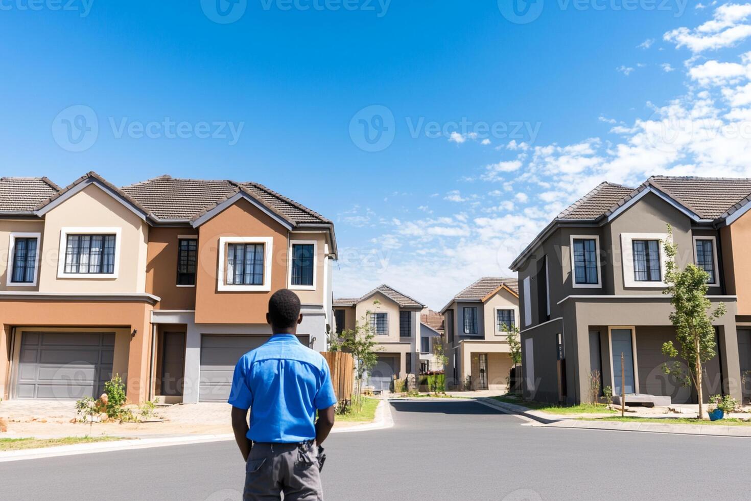 A man standing in front of a row of houses photo