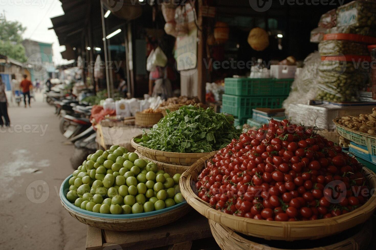 A market with baskets of vegetables and fruit photo