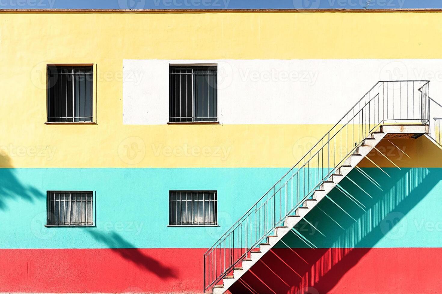 A colorful building with a stairway and a bench photo