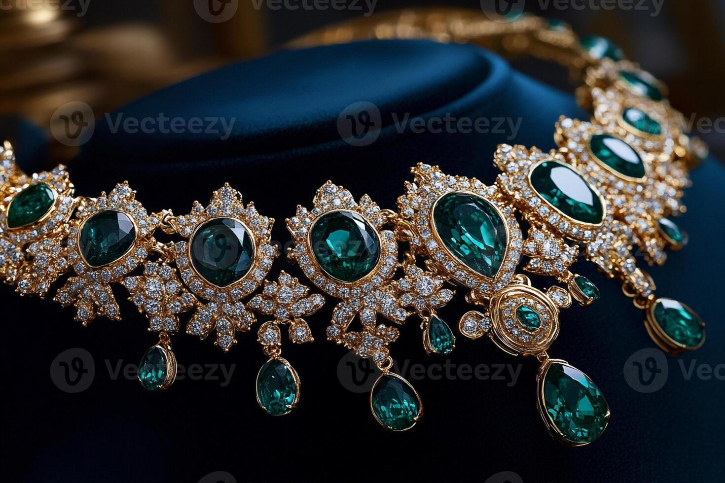 A gold necklace with emerald stones and diamonds photo