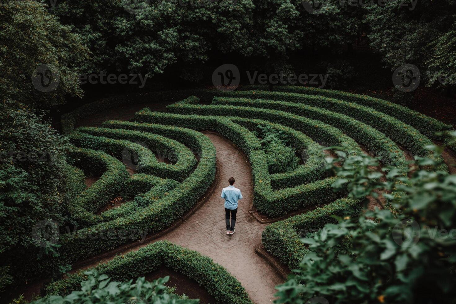 A man walking through a maze in the forest photo