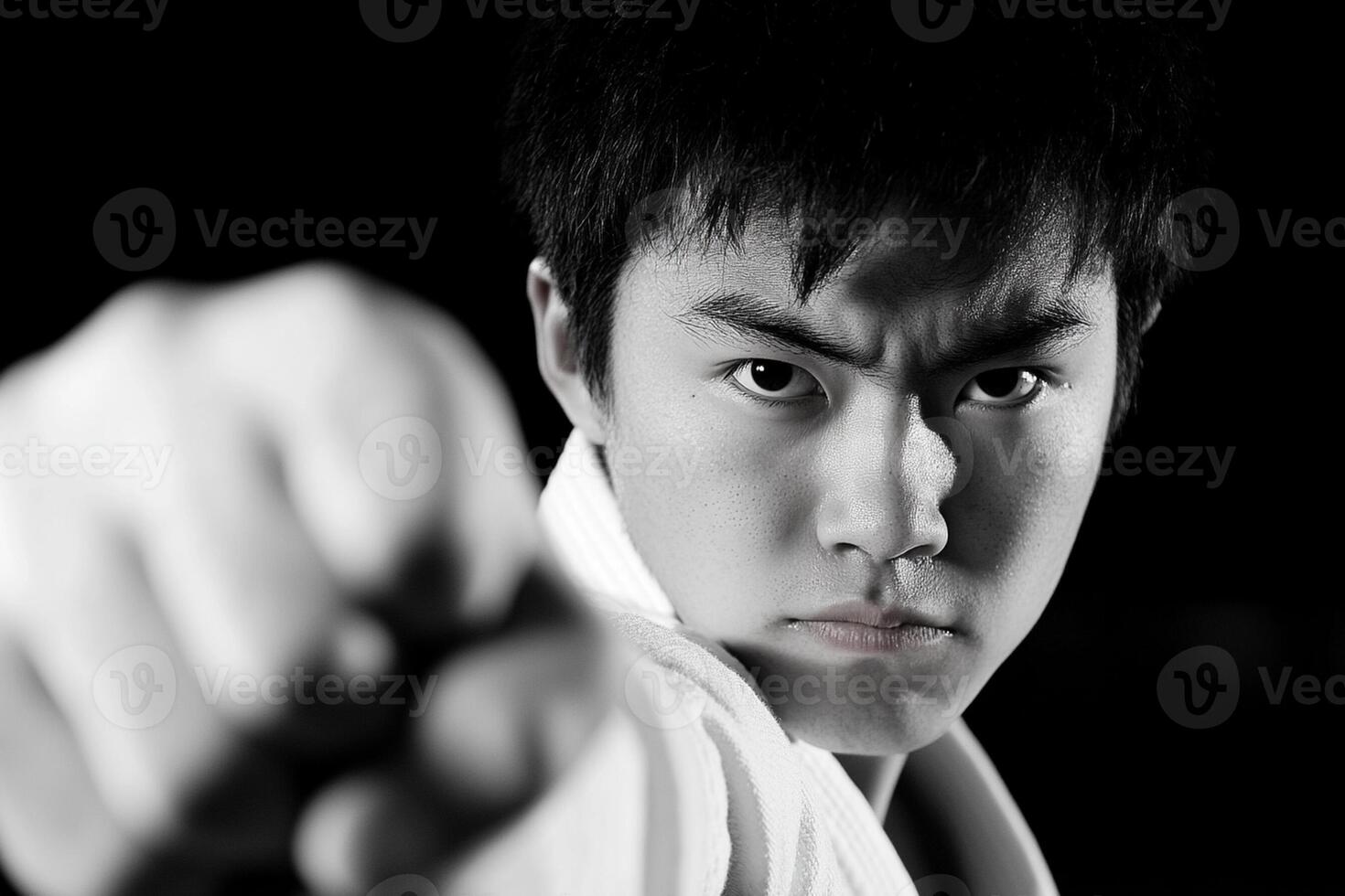 A young man in karate gear pointing at the camera photo