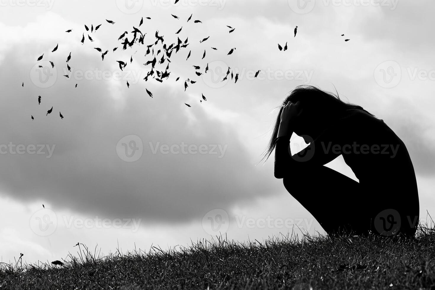 A woman sitting on the grass with birds flying around her photo