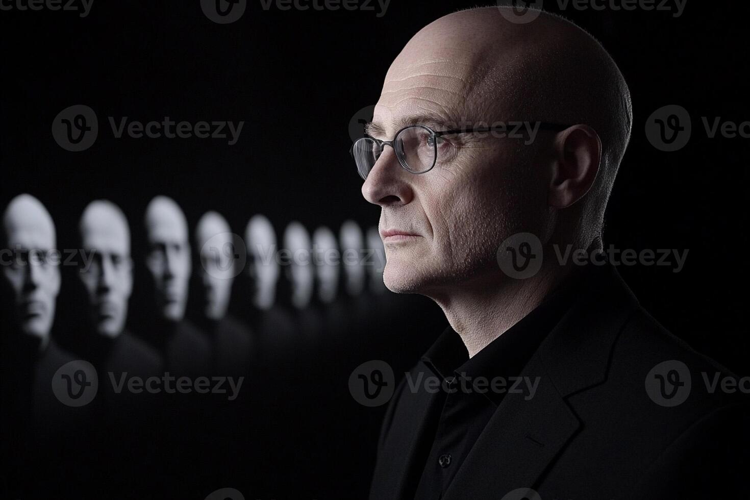 A bald man with glasses standing in front of a group of faces photo