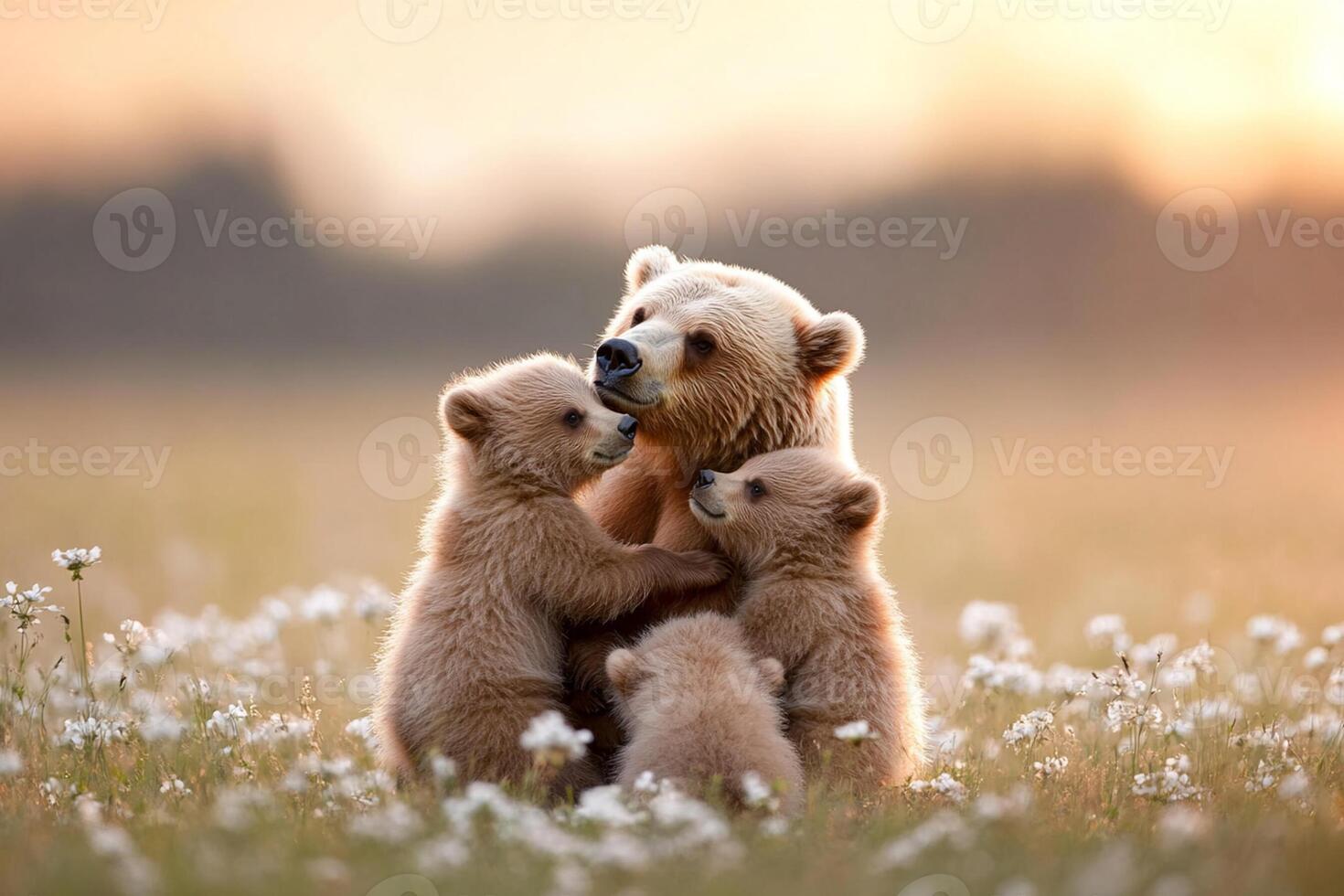 A mother bear and her cubs are in a field photo