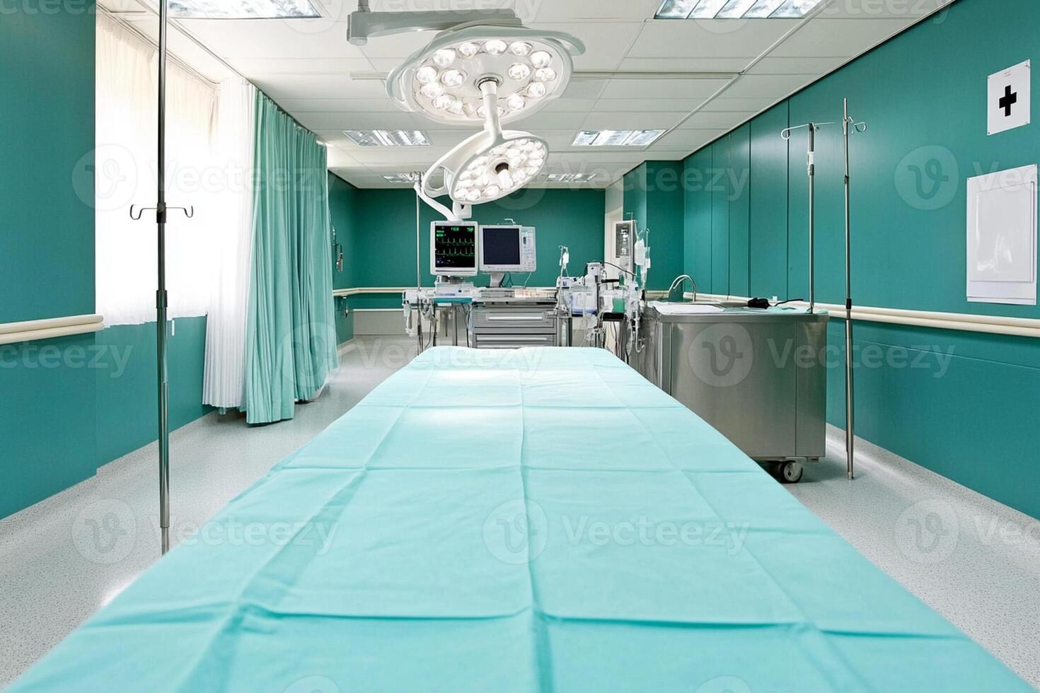A hospital room with a bed and a light photo