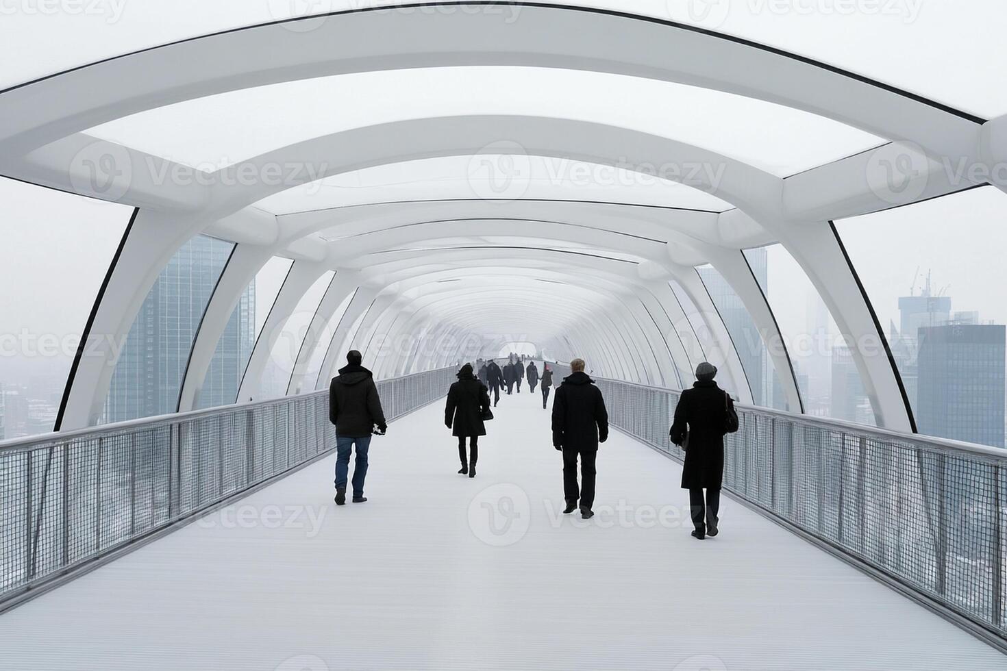 People walk across a bridge in a city photo
