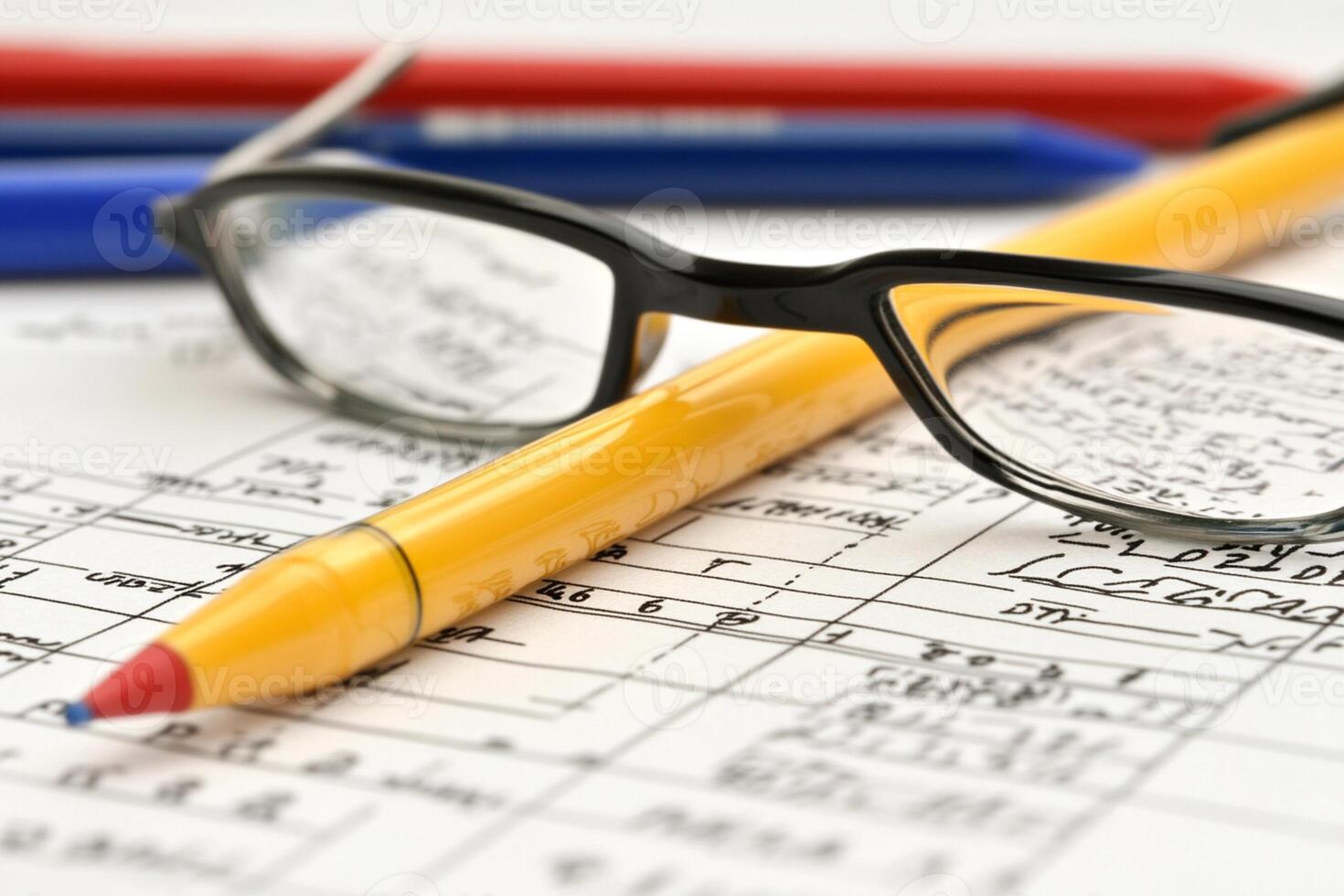 A pair of glasses and a pencil on a paper photo