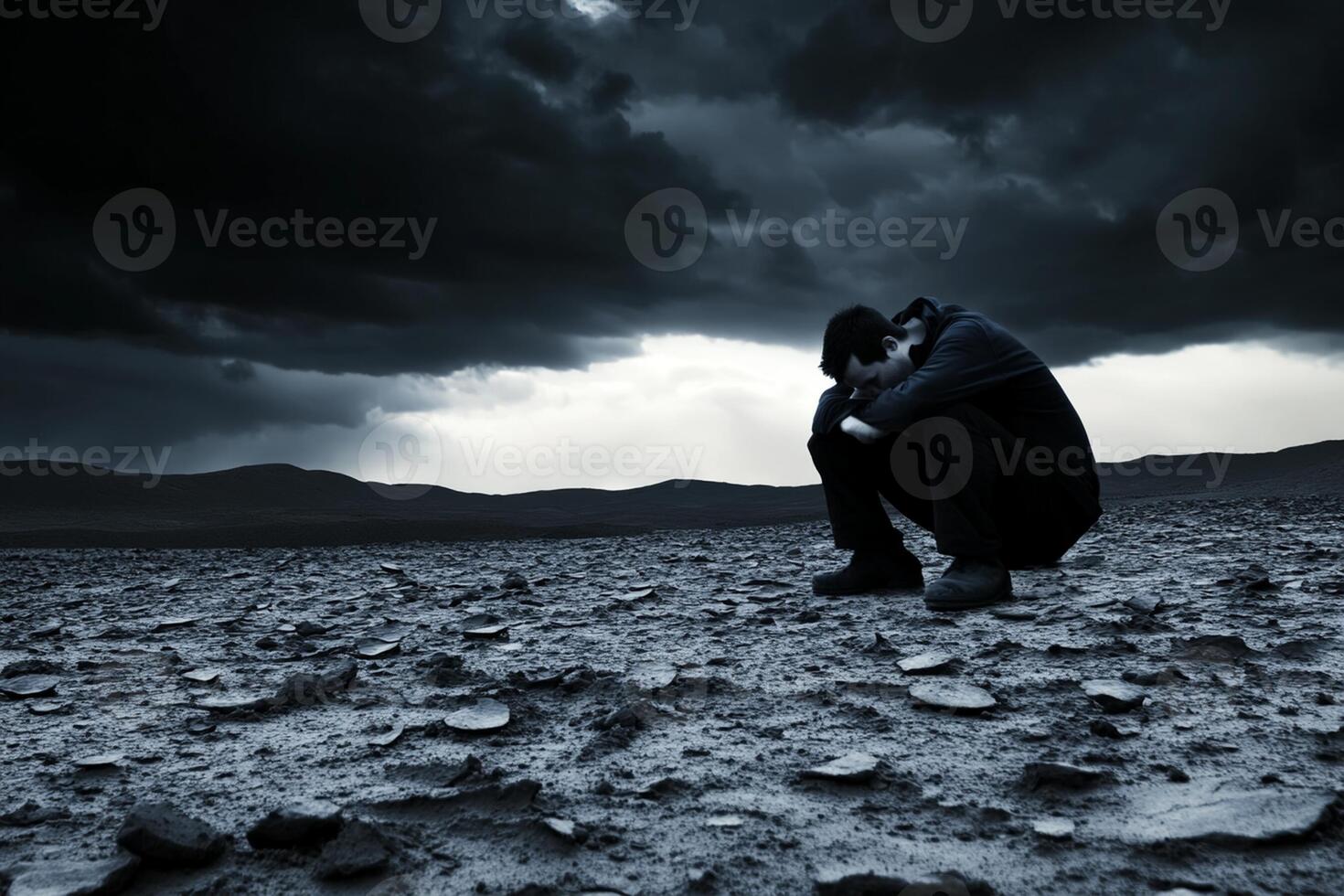 A man sitting on the ground in a desert with dark clouds photo
