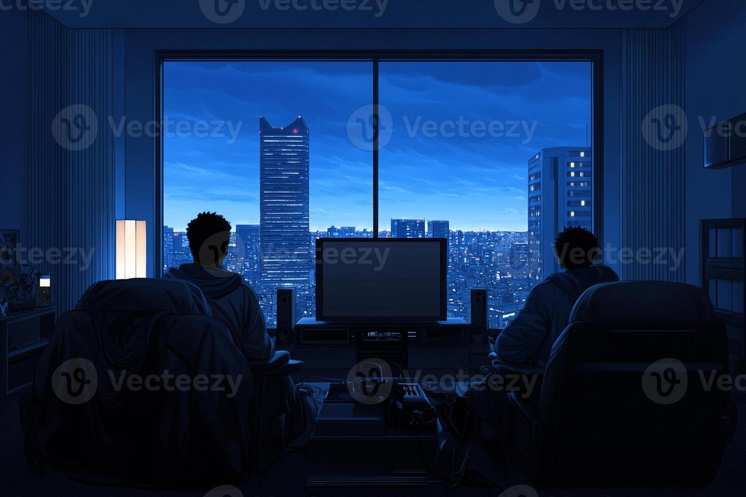 Two men sitting in front of a large window photo